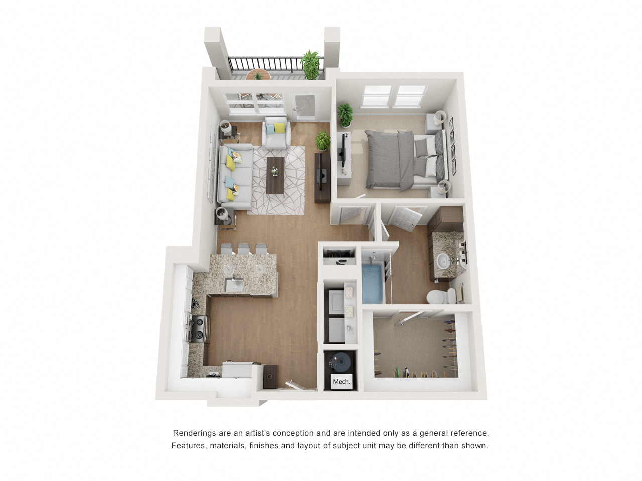 Floor plan for 1 bed, 1 bath, 739 sqft